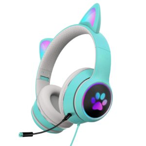 Gaming Headset Cat Ear Headphone with RGB LED Light Microphone Stereo