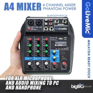 4 channel Audio Mixer Bluetooth USB Sound Card Live, Music, Karaoke, Podcast with MP3 playing recording