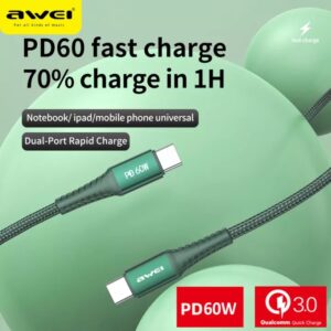 Awei CL-111T PD 60W Super Fast Charging Type-C to Type C Cables Cable Date For Huawei iphone