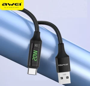 AWEI CL-123L-USB Type-C Cable for Phone, Fast Charging, PD, 20W / 5A, Led Digital Display, for iPhone 13, iMac, Samsung and Xiaomi