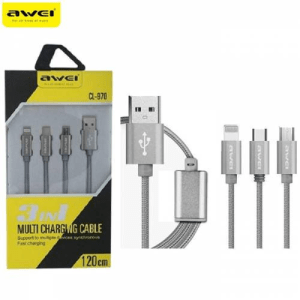 Awei CL- 970 3-in-1 Charging Cable 1.2M Nylon Braided Micro-USB Type-C iOS Lightning 8 Pin