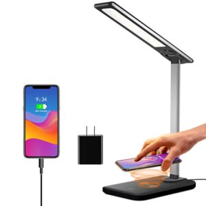 GSBLUNIE LED Desk Lamp,Wireless Charging Desk lamp,USB Charging Port,3 Lighting Modes,6 Brightness Levels,Dimmable Eye-Caring Desk Light for Christmas Gift,Office,Home,Dormitory(Adapter Included)…