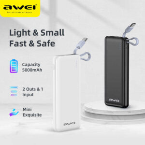 Awei P2K Mini Power Bank 5000mAh Buit in Cable Fast Charger Li-ion Battery Portable Powerbank