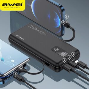 AWEI P38K 22.5W Powerbank 20000mAh Fast Charging Portable Charger 3 in 1 Cable USB Type-C Output Mobile Power bank For iPhone
