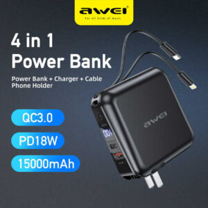 AWEI P48K Power Bank 15000mAh 4 in 1 Multifunction LED Display External Battery Built in 2 Cable Lightning Type C