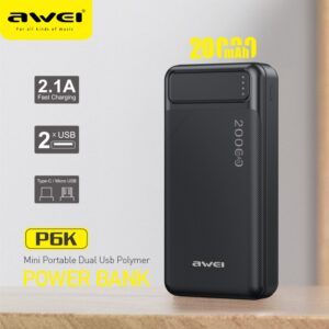 Awei P6K 20000mAh Powerbank Intelligent Multiple Output Power bank With Dual Input Type-C Micro-USB