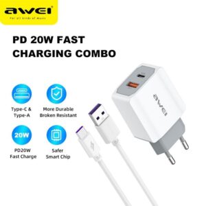 AWEI 20W/5A PD Phone Charger Wall Adapter Type-C Fast Charging Quick Charge Cables for iPhone 13 Pro Max Huawei Xiaomi PD4