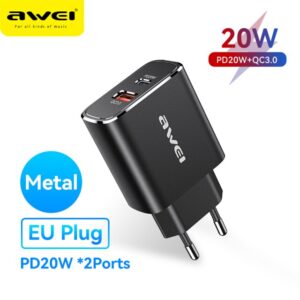 AWEI PD7 20W PD Fast Charger Type-C and USB UK EU Adapter Quick Charge 3.0 Fast Charging Portable Metal Phone Charger
