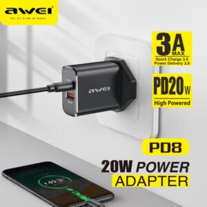 Awei PD8 20W QC + PD Fast Charging Travel Charger Power Adapter, UK Plug