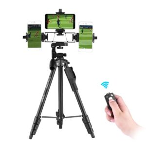 YUNTENG VCT-6808 Multi-functional Tripod for Phone with 3 Phone Holders 4-Section Telescoping Tripod Ball Head Remote Controller